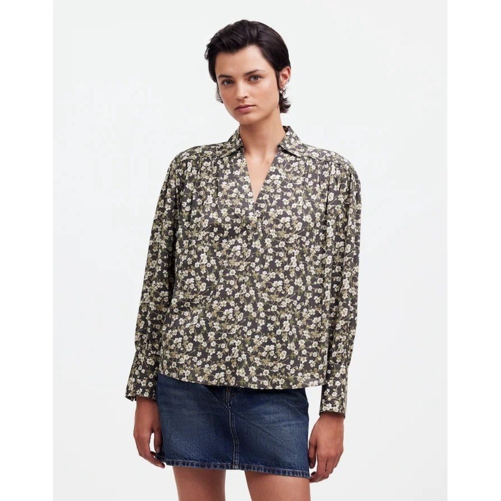 Madewell Easy Long Sleeve Popover Shirt in Dark Pavement Floral Cottage Core Sm